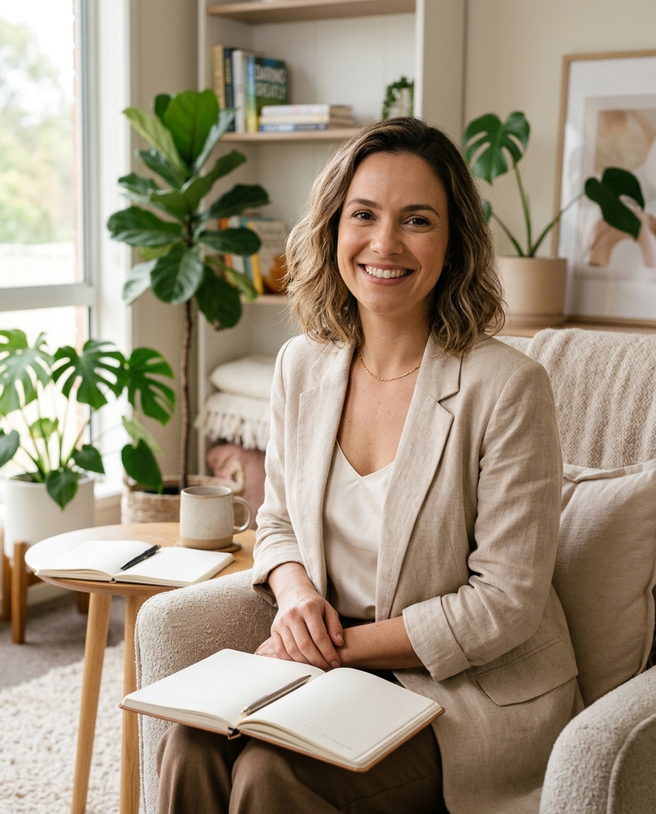 Retrato profissional da psicóloga Dra. Aline Duarte sorrindo em seu consultório